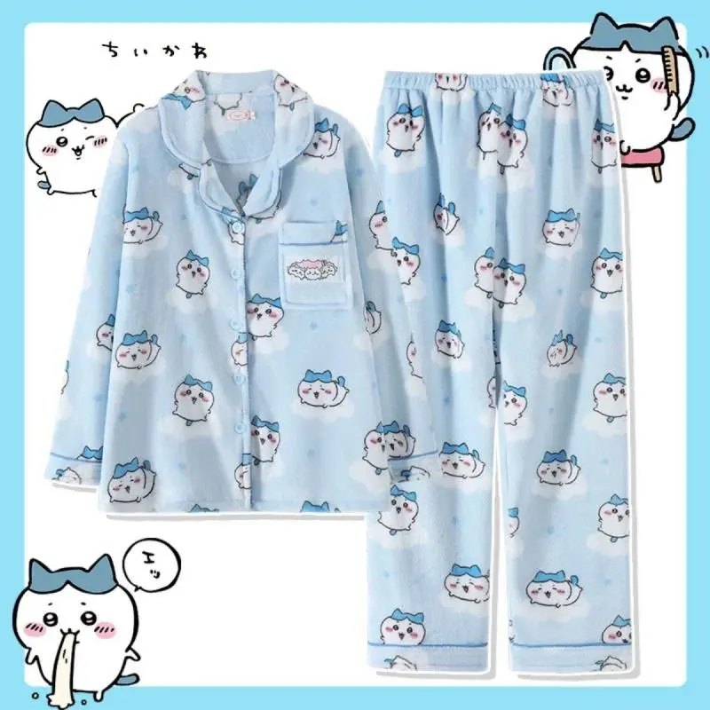 Cute Chiikawa Hachiware Flannel Pajamas Set Kawaii Cloud Print Blue Fleece Sleepwear With Matching Eye Mask Warm Soft Long
