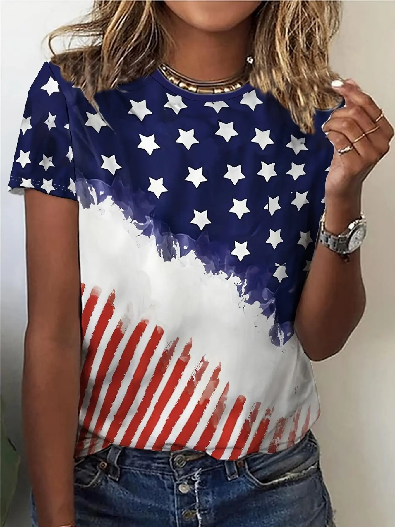 Women's Flag-Printed American Independence Day Summer Casual Fashion Chic Elegant Vacation-Style Round-Neck Short-Sleeve Fit T-Shirt Womenswear Top