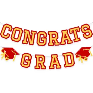 Congrats Grad Banner Graduation Party Decoration Hanging Garland High School College Backdrop Supplies Red Gold