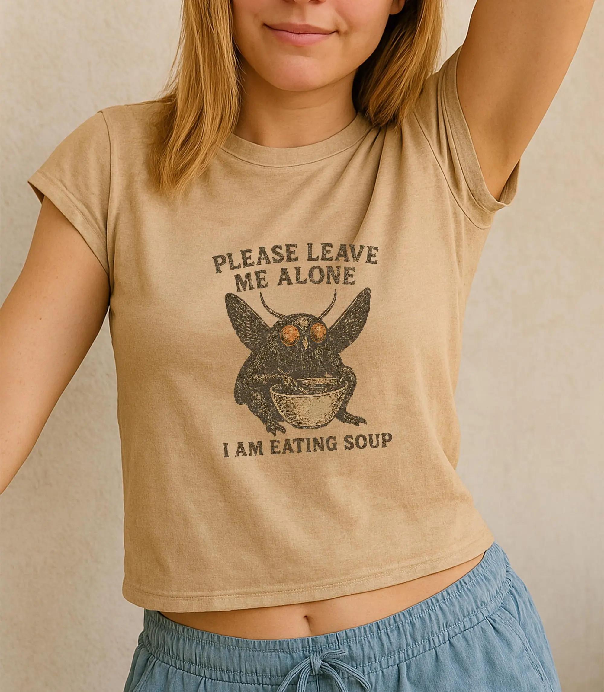 Funny Mothman Eating Soup Y2k Trendy Baby Tee, Funny Cute Cryptid Gift Idea, Fantasy Book Lover Meme Baby Tee