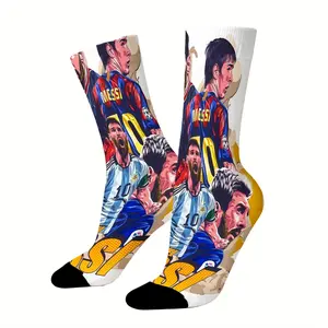 Mid-calf socks featuring Messi football player portraits in various poses, durable, unisex, perfect for fans, holiday gifts, and birthday presents.