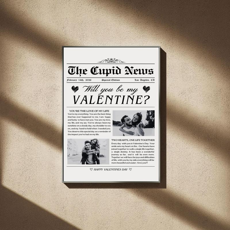 CUSTOM Valentines Day Newspaper Poster, Will You Be My Valentine Art Print, Gift For Lover, Couple Room Decor