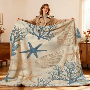 1 UltraSoft Coastal Style Blanket Navy Beige Ocean Escape Design With Starfish And Shell Patterns, AllSeason Luxury Flannel Bedspread Suitable For Sofa, Living Room, Beach Comfortable Home