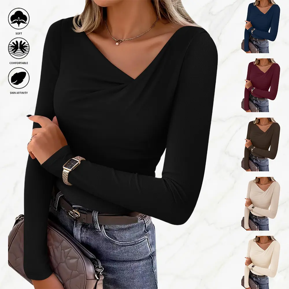 Women's Solid-Color Long-Sleeve Knitwear Top - Casual Slim-Fit Stretchy Womenswear T-Shirt, Machine-Washable All-Season Base Layer for Casual Outfits, Shopping (1 Piece)