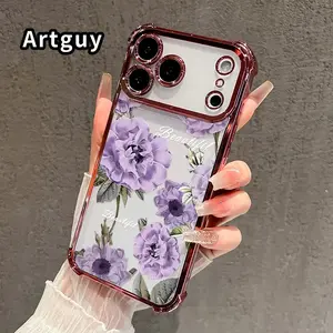 Elegant Purple Floral Pattern Drop-resistant phone case compatible with iPhone 17 Pro Max, 16 Air, 15 Plus, 14, 13, 12, 11, and other models; offers ultimate protection against drops, water, shocks, and scratches; available in a variety of colors.