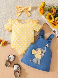 Baby Girl Cute Elephant Dress Set, Casual Short Sleeve Polka Dot Romper and Elephant Strap Dress, Suitable for Toddlers and Infants, Suitable for Outdoor