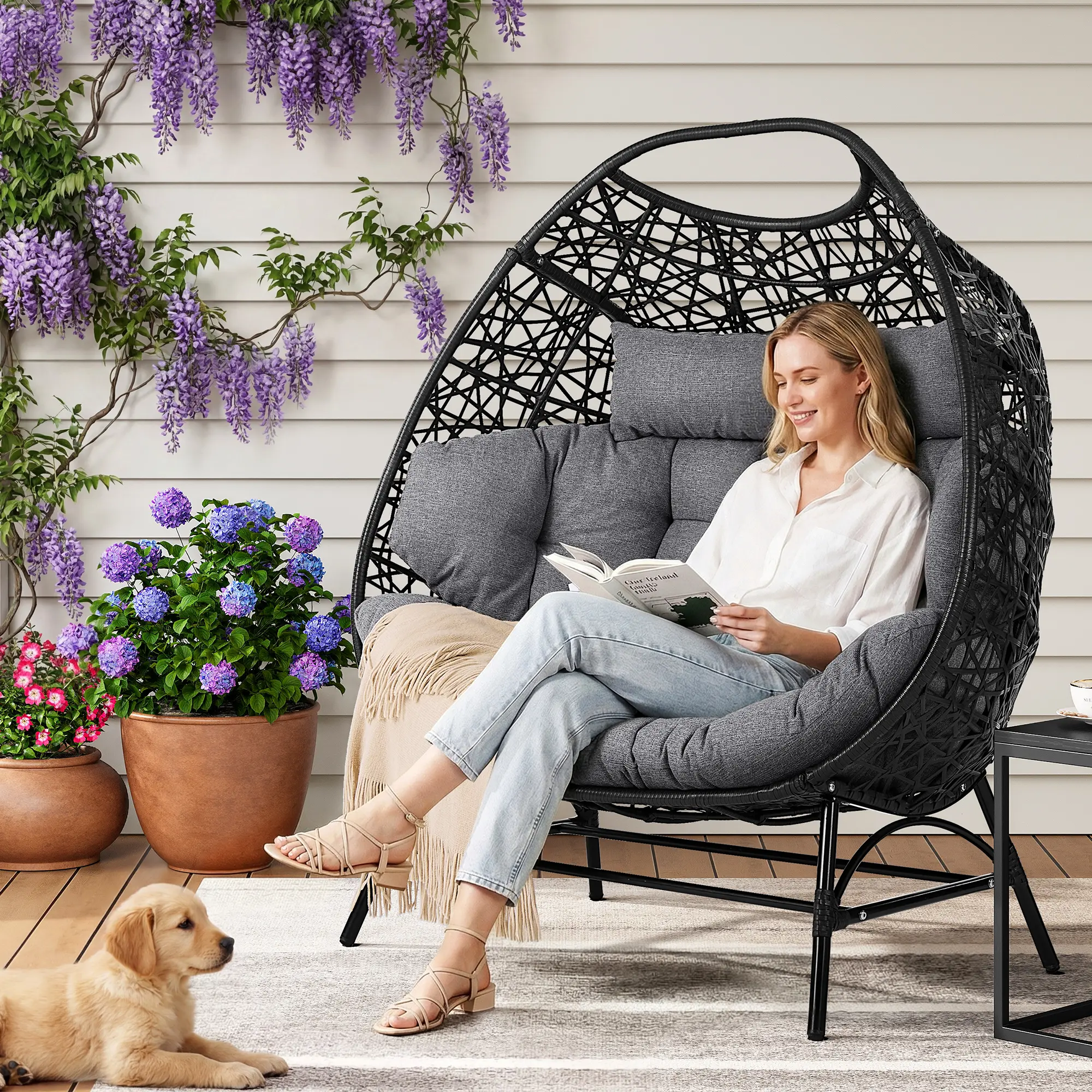 IRONCK Patio Double Seat Outdoor Wicker Egg Chair - Waterproof Gray Cushions, Black Wicker Frame, Upgraded Build, 700 Lbs Capacity, Extra Large Cushions, for Poolside, Balcony