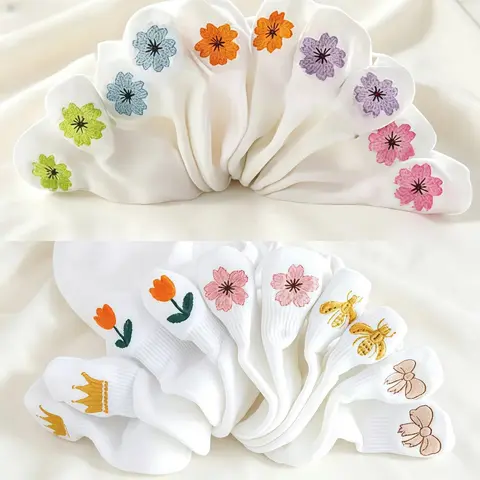 Women's 10-Pair Cute Novelty Ankle Socks for Lady - Floral & Butterfly Embroidery, Low-Cut, Breathable Comfy, Arch Support, Polyester Mesh Short Summer Sport Socks