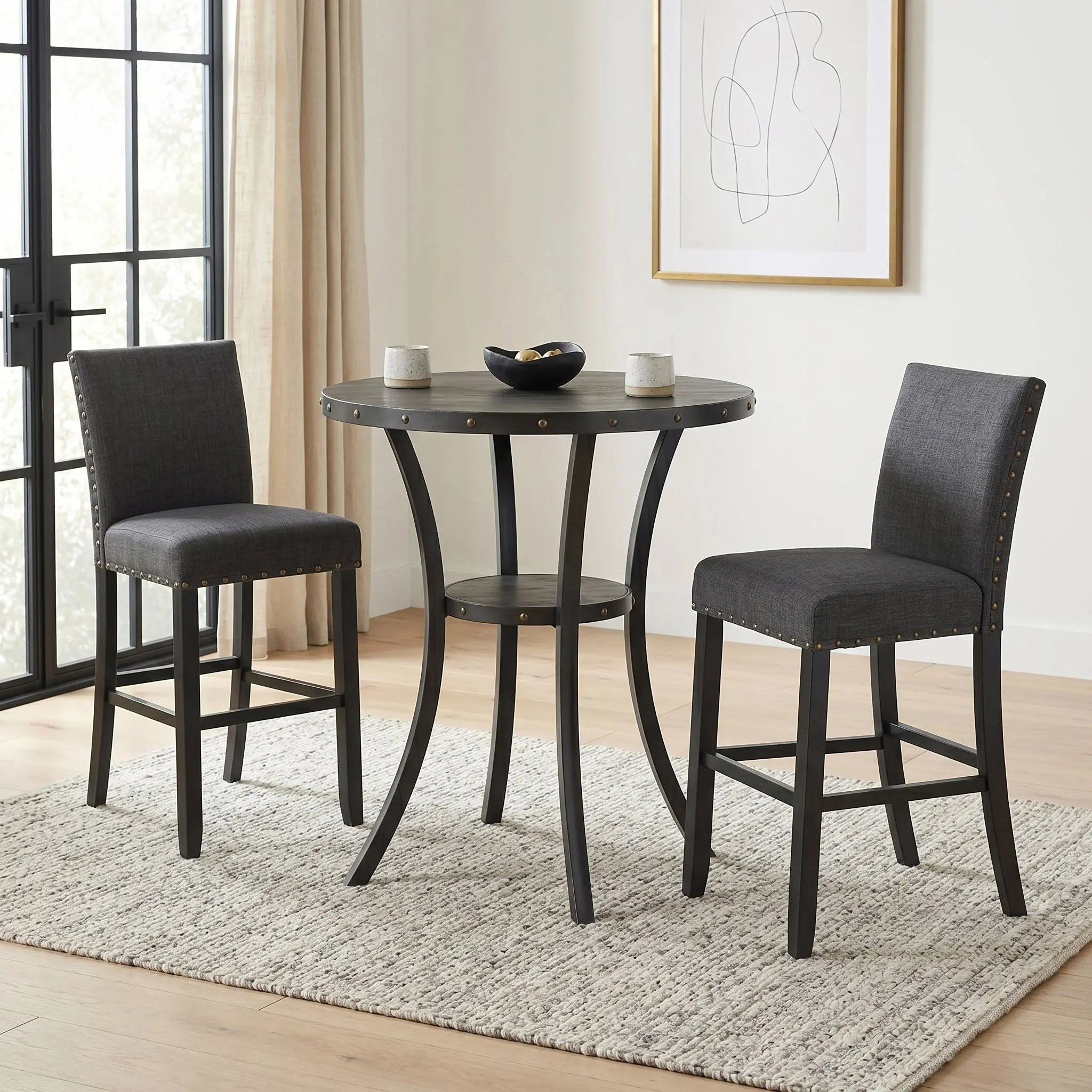 Biony 3-Piece 36" Round Espresso Finish Bar Table with 2 Gray Fabric Nail Head Pub Chairs