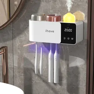 iHave Toothbrush Holders with UV Toothbrush Sanitizer & Aromatherapy Diffuser - Turbo Air Heated Drying, Night Light & Clock - Wall-Mounted Bathroom Organizer with Cups, Stylish Decor & Storage Gift Lavender-A