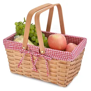 Natural Woven Basket with Double Folding Handles, Woodchip Basket & Organizer Blanket Storage for Egg Gathering, Wedding, Candy Gift & Toy