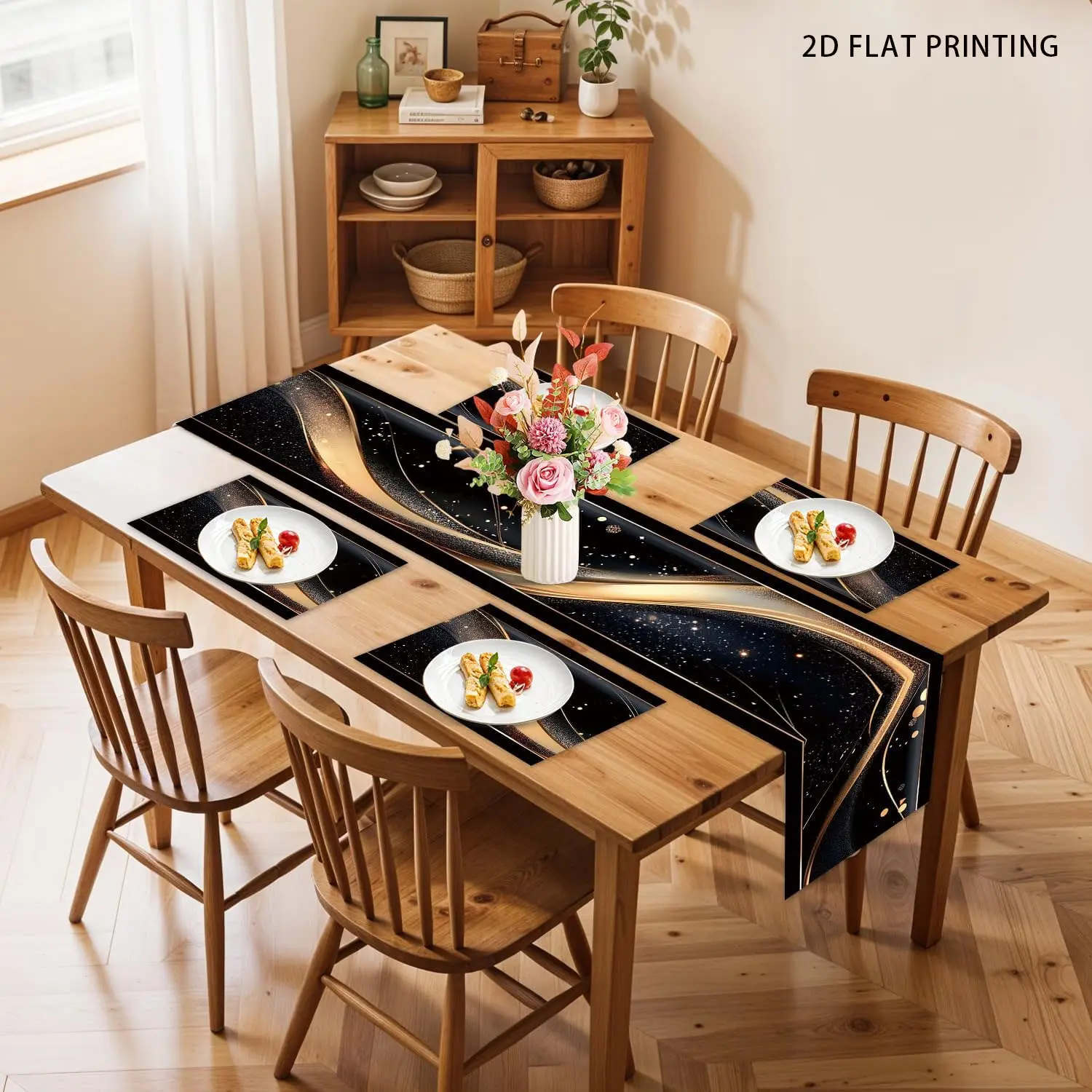 2D flat printing, 1 piece/4 piece/5 piece set/7 piece set, black gold retro table flag and placemat set, abstract painting design, dining table, kitchen, party decoration, very suitable for holiday party decoration