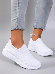 Women's Fashionable Textured Athletic Slip on Sneakers, Casual Comfortable Breathable Lightweight Shoes, All-match Commuter Shoes for Work & Daily Wear, Lightweight Slip ons