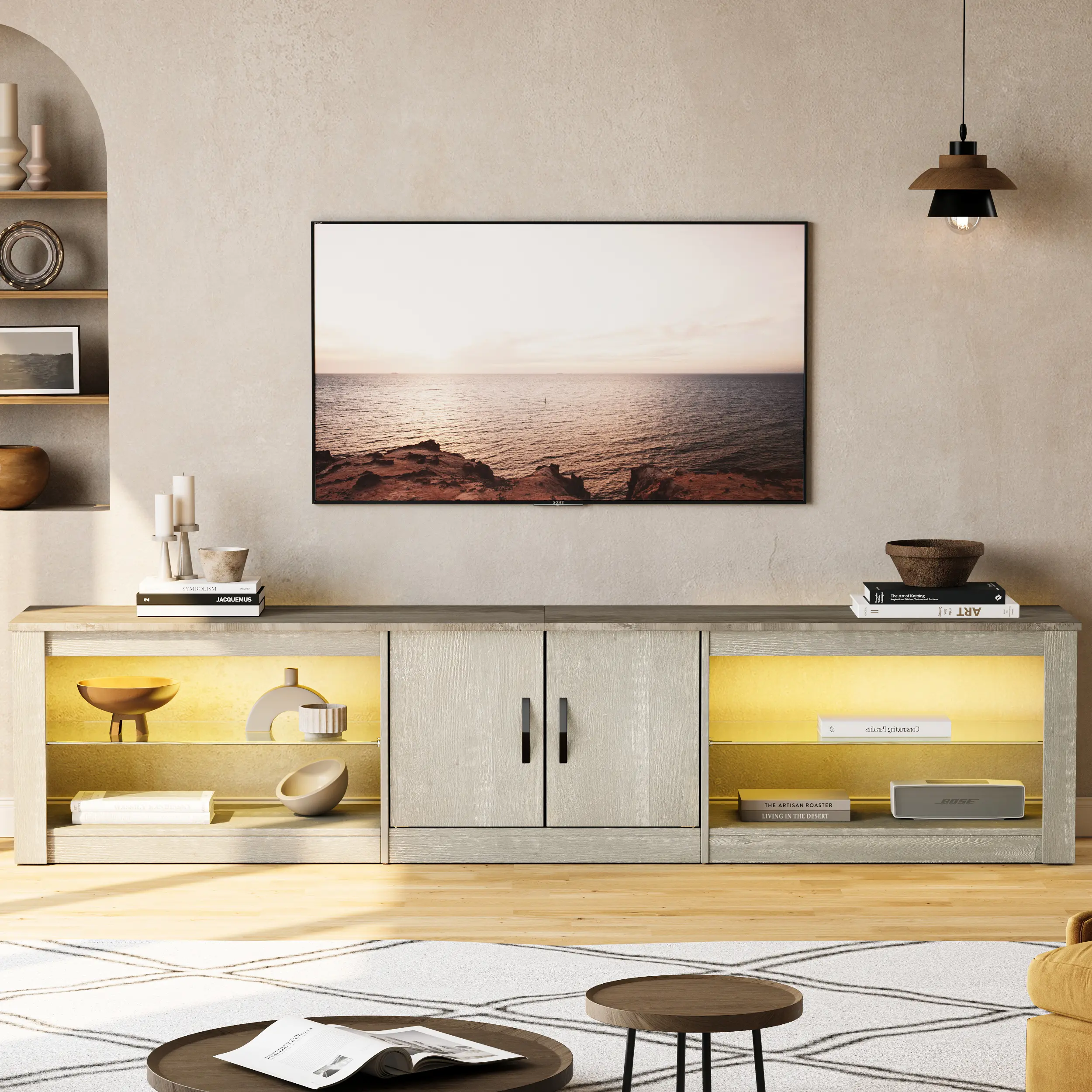 Bestier 80in RGB Light Rectangular Single Unit TV Stand - Fits Up to 85in Screens, Modern Wood Media Stand with Storage Cabinet, Adjustable Glass Shelves, Remote-Controlled Color-Changing Lights for Living Room, Gaming Room