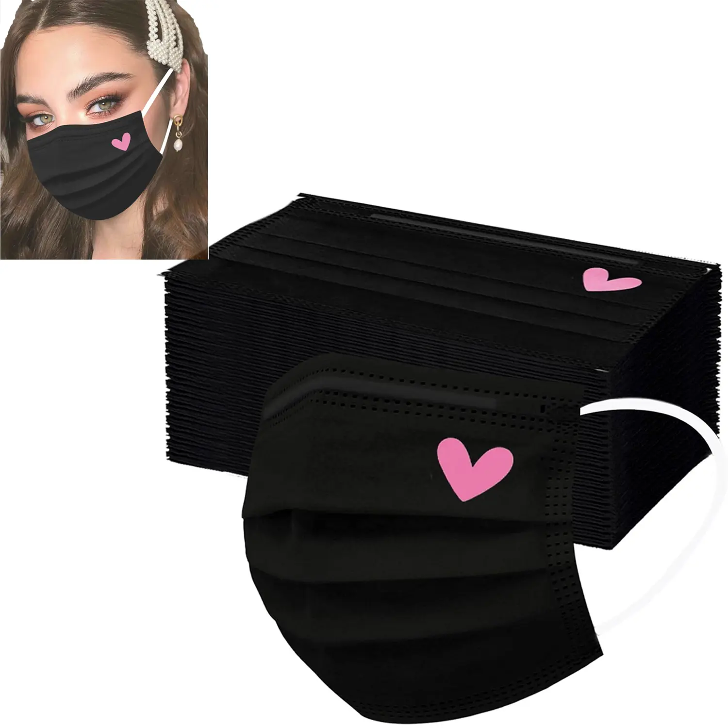 50 PCS Cute Disposable Face Masks, Pink and Black Hearts Printed 3-Ply Full Face Protection Masks, Breathable Soft Protective Face Covers for Women and Teen Girls Daily Use