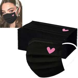 50 PCS Cute Disposable Face Masks, Pink and Black Hearts Printed 3-Ply Full Face Protection Masks, Breathable Soft Protective Face Covers for Women and Teen Girls Daily Use