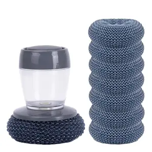 Comfort Grip kitchen scrubbing soap dispenser with 7 cleaning balls; dish brush with soap dispenser (soap not included); replaceable cleaning brush for dishes, pots, pans, and sinks (1 + 7 pcs balls).