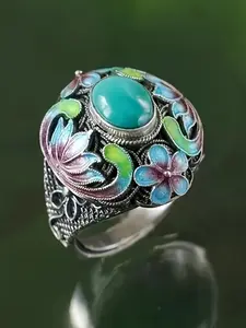 Women's Vintage Elegant Floral Texture Turquoise Ring, Wedding Engagement Party Jewelry Gift, 1pcs Fashion Accessory