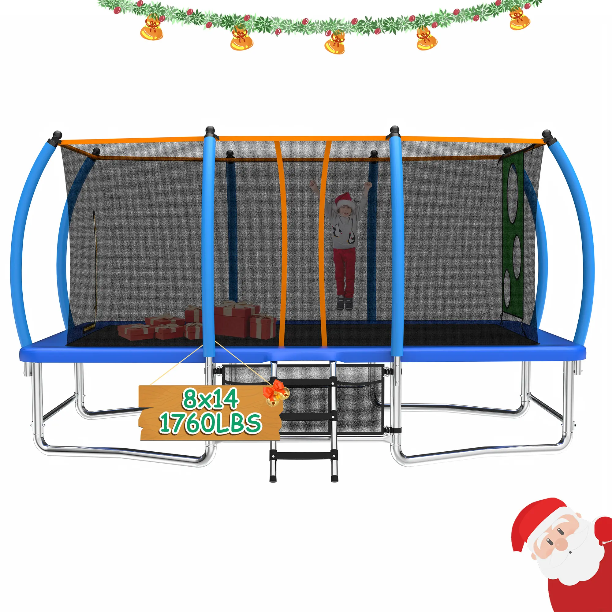 MERSCOSPORTS 8x14ft Rectangle Exercise Trampoline for Kids Outdoor Play, 360° Safety Enclosure Net, Sturdy Construction, 98 Springs, 1760Lbs Load Capacity, Easy Assembly, W/ Additional Accessories
