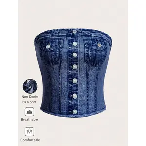 SHEIN Essnce Strapless Bandeau Top In Knitted Fabric With Denim Print, Slim Fit Women's Summer Style, Casual Or Going Out Outfit