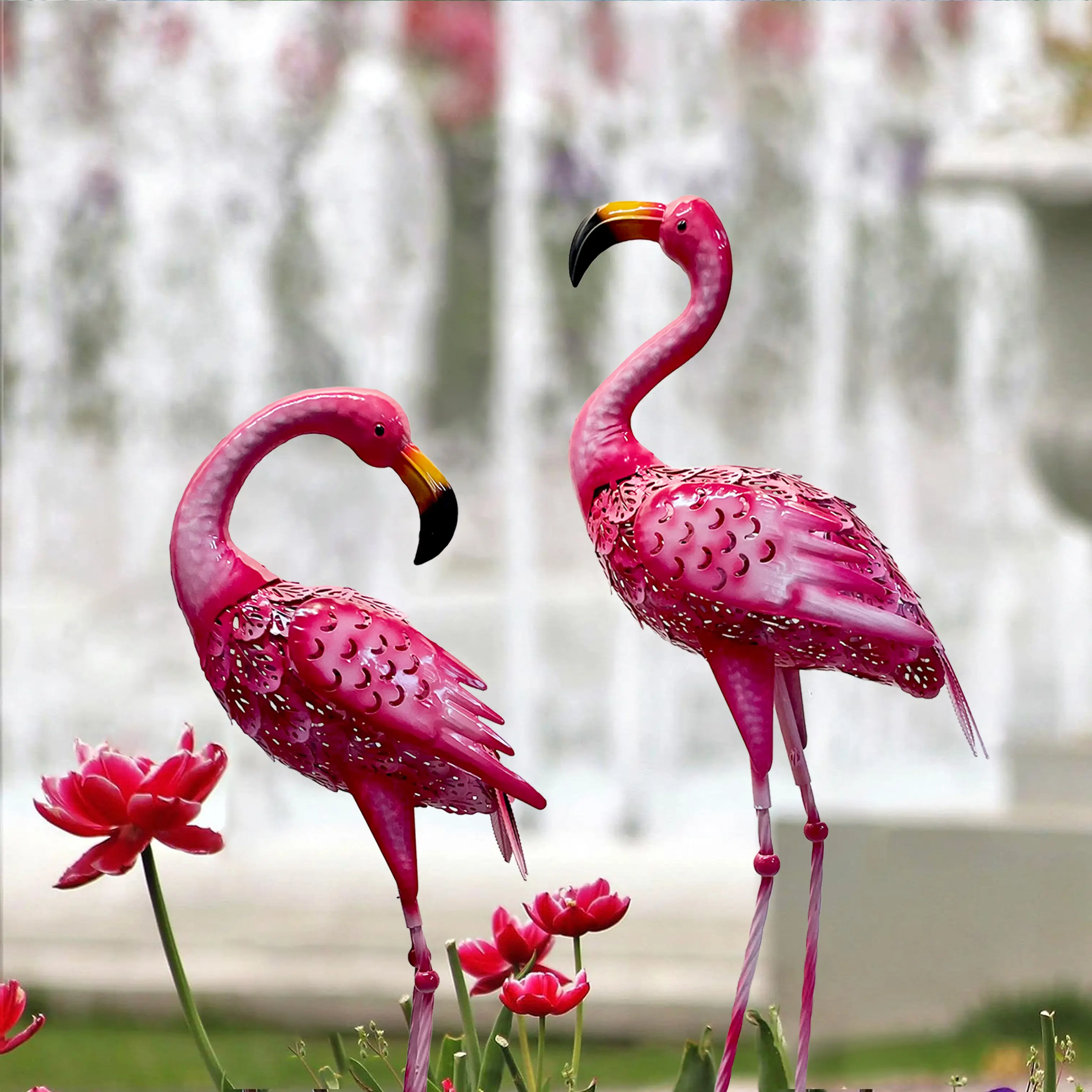 2-Pack Large Metal Pink Flamingo Garden Statues, Outdoor Decor for Home Patio Backyard Pond, Standing Bird Lawn Ornaments for Housewarming Gifts, Metal Bird Art Decor, Women Gifts