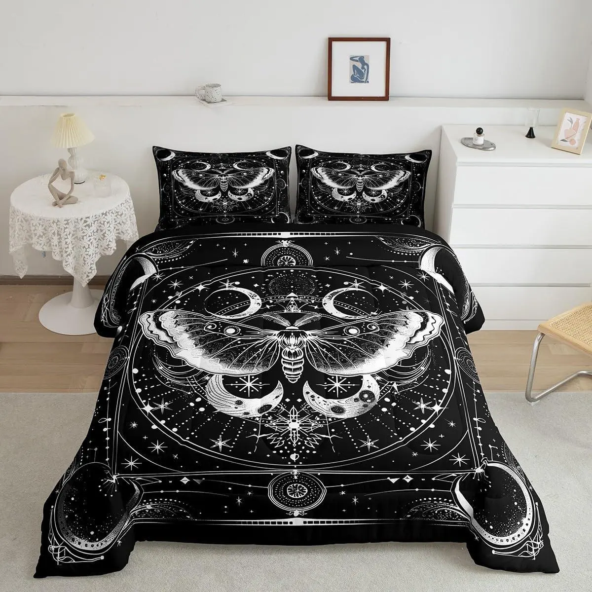 Death Moth Bedding Set Sun and Moon Comforter Set Boho Moth Comforter Decor Gothic Black and White Duvet Set