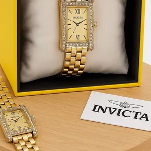 Invicta Gold Rectangular Crystal Accent Watch with Box