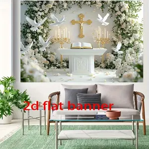 Summervibes 2D Flat - 2D Flat - A 2D Flat Banner Featuring a Christian Theme Backdrop That Includes a Cross, Candles, And a Floral Dove Design. This Durable Polyester Backdrop Is Suitable for Church Celeb