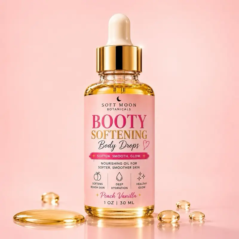 Booty Softening Body Oil | Peach Vanilla Body Drops for Dry Skin | Lightweight Fast Absorbing Moisturizing Body Oil | Hydrating Body Glow Oil for Silky Smooth Skin | Non-Greasy Glow Oil | Daily Self Care Body Moisturizer | Soft Moon Botanicals