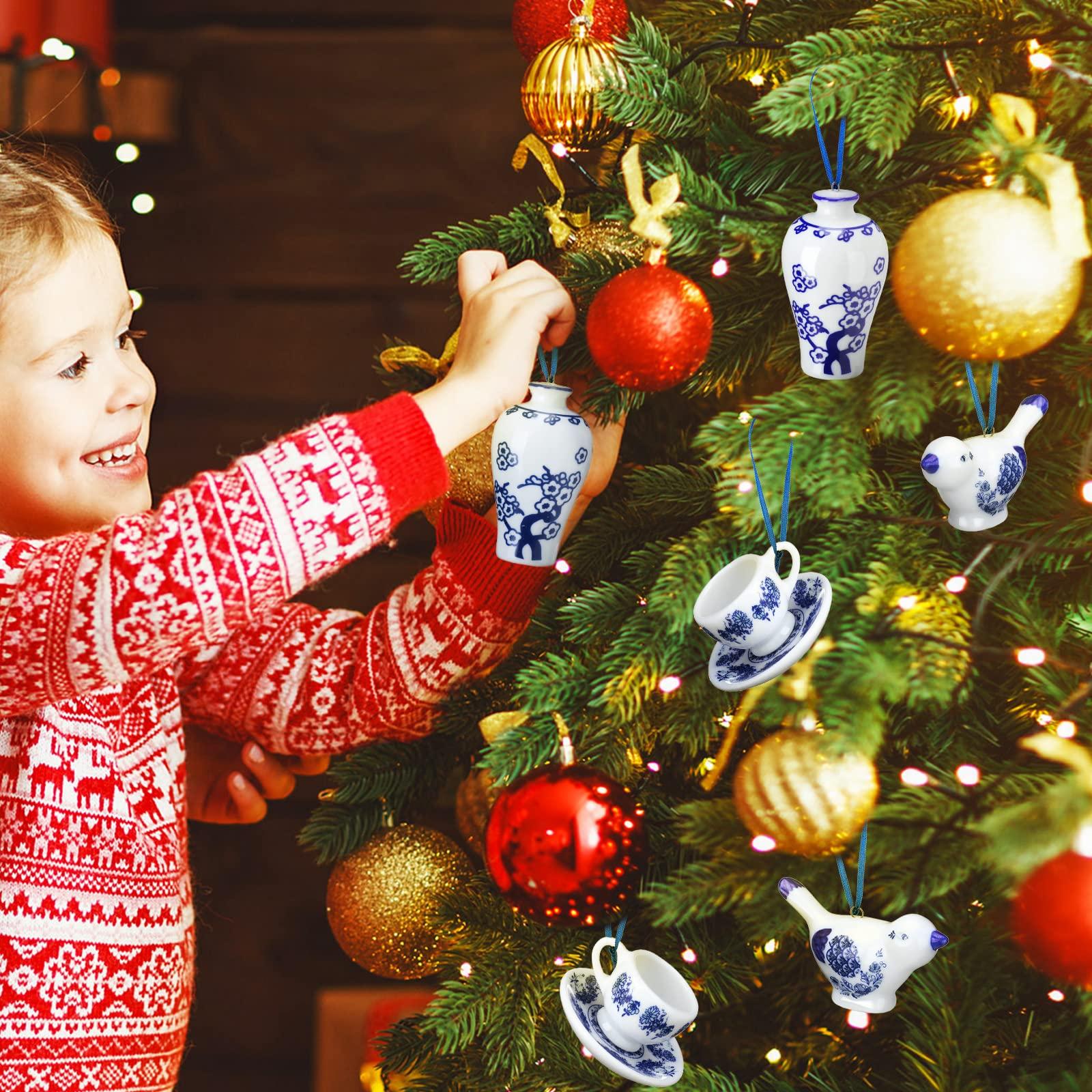 Christmas Clearance Sale Chinoiserie Christmas Ornaments Blue & White Porcelain Ornaments Set Ceramic Fabric Wrapped Christmas Ball Classic Teapot Ginger Jar Hanging Ornament for Xmas Tree Home Birthday Baby Shower Wedding Party Decor Holiday Winter Craft