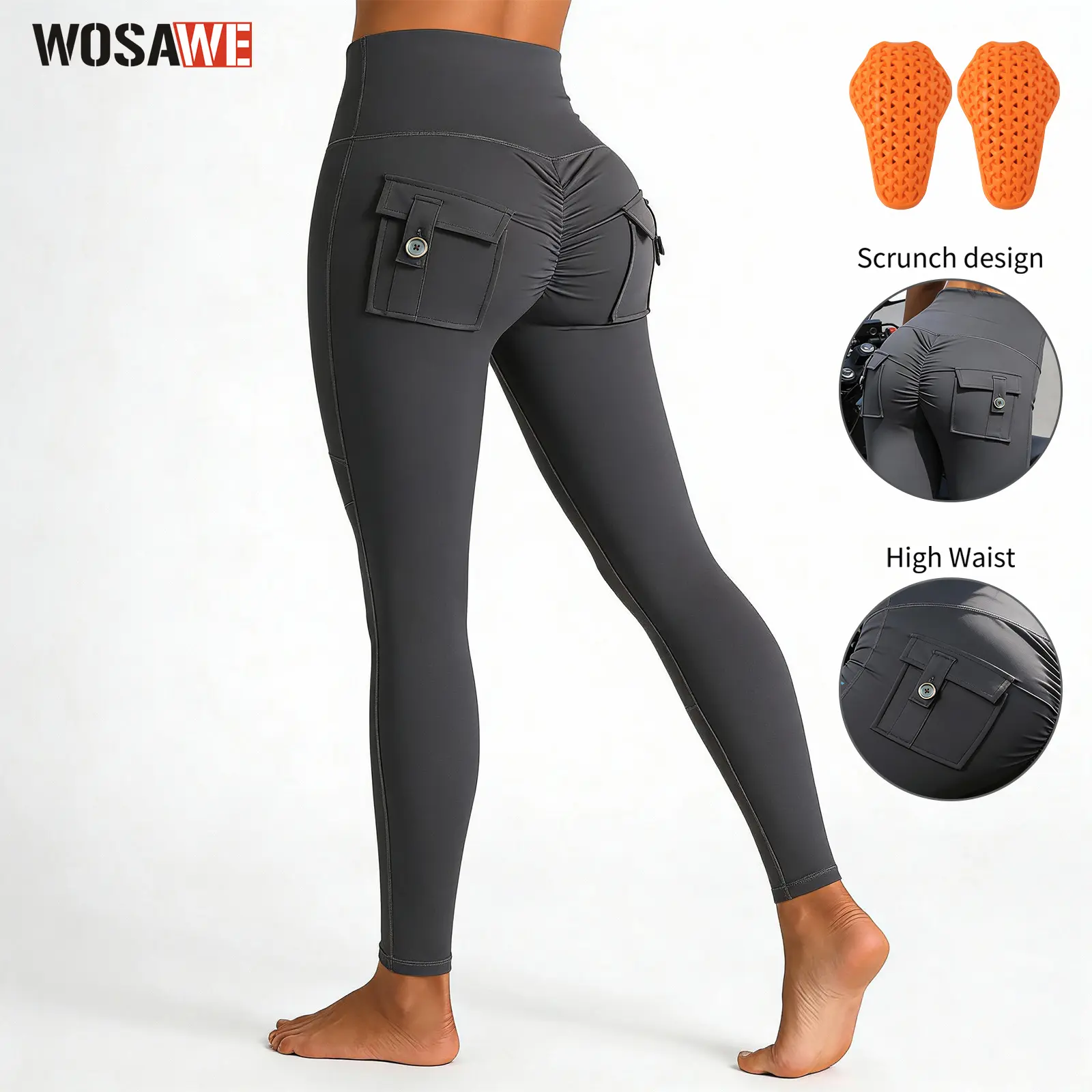 WOSAWE Women's Motorcycle Yoga Leggings with Removable Knee Pads Butt Lifting Cargo Pants