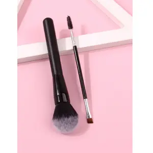 2pcs Makeup Brush Set With Black Wooden Handle - Portable Blush Brush, Powder Brush, Face Brushes, Double-Ended Eyeliner Brush, Lash Comb, Eyebrow Brush, Multifunctional Makeup Tools, belle brush