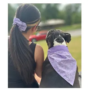 Matching Set for Dog Mom Handmade Dog Bandana 2 Pack Scrunchies Purple Floral Print for Buckle Collars Soft No Tie Design