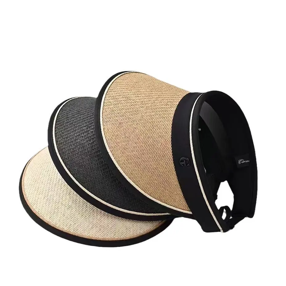 Women's Wide-Brim Straw Visor Hat in Khaki, Rollable Open-Top Design with UV Protection for Summer Beach