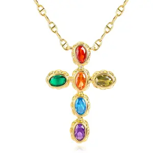 NEKOL Gold Multi-Gemstone Shield Armor of God Ankh Stars Moon Mars Rocket Cross Crucifix Necklace, Ancient Egyptian Coptic Ankh Cross Pendant Necklace Eternity Egyptian ANKH Religious Cross Necklace