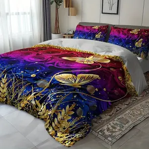 3-Piece Blue Rose & Gold Butterfly Print, Soft Polyester, Includes 1 Fitted Sheet + 2 Pillowcases, Decorative Bedsheet Sets