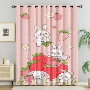 Kawaii Strawberry Bunny Bear 2 Panels Curtains,Cute Cartoon Fruit Animal Printed Curtains,Light Blocking Rate 80%-90% Darkening Curtains,Aesthetic Pink Decoration Curtains,Sweet Birthday Gift for Girls Kids Teens Bedroom Dorm Decor