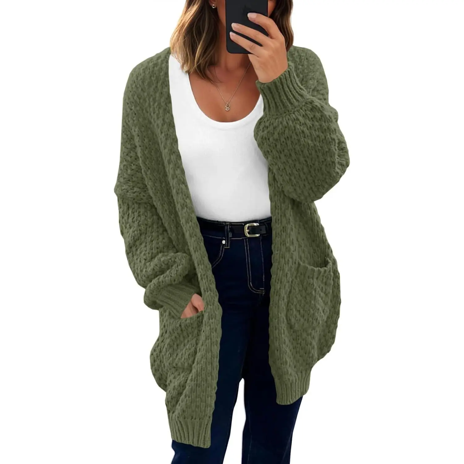Women's Chunky Knit Cardigan, Oversized Open-Front Knitwear with Lantern Sleeves and Pockets, Fall Sweater Tops,back to school,back to school shopping, Knitting