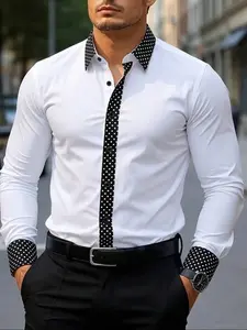 Men's Collared Shirt with Polka Dot Patchwork Design, Casual Long Sleeve Slim Fit Business Dress Shirts, Business Date Wear, All Seasons