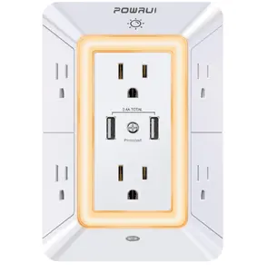 POWRUI 6-Outlet Extender with Surge Protector, 2 USB Charging Ports (2.4A Total), 3-Sided Power Strip, White, ETL Listed