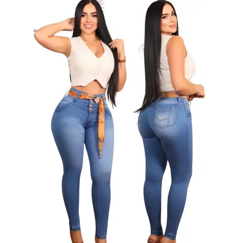 Women's Colombian High-Waisted Skinny Jeans for Women - Stretchy Denim Bottoms, Slim-Fitting, High-Stretch Fabric, Button Closure, Back Pockets, Casual All-Season Wear, Cold-Wash Compatible