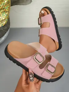 Double Buckle Thick Sole Slippers, Soft Anti-Slip Height-Boosting Summer Beach Sandals, Adjustable One-Piece Buckle