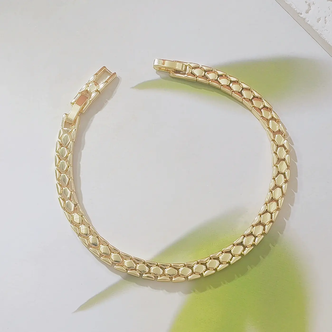14K Gold Plated Honeycomb Textured Link Bracelet, Polished Herringbone-Style Snake Chain Bracelet, Minimalist Dainty Gold Jewelry for Women