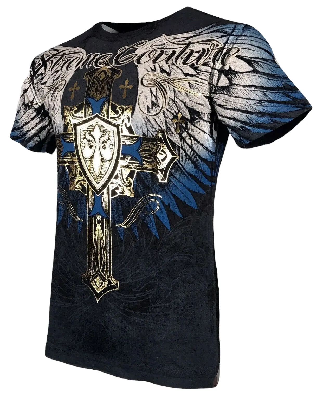 Xtreme Couture by Affliction Men's Fitted Short-Sleeve Crew Neck Cotton T-Shirt - Tempest Black, Gothic Biker Casual Tops, All Over Print, Streetwear, Cold Wash Compatible