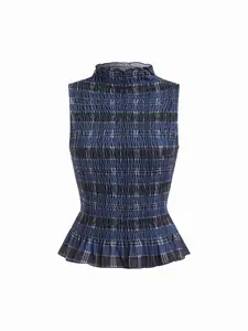 Cider High Neck Checks Lettuce Trim Shirred Tank Top