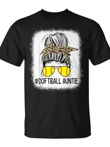 Softball Auntie Leopard Messy Bun Softball Aunt T-Shirt Unisex for Daily Wear  Funny Christmas Novelty Men's T-Shirt Summer Trendy Streetwear Fashion Top Quality Comfortable Casual Printed T-shirt Pure Cotton 220G