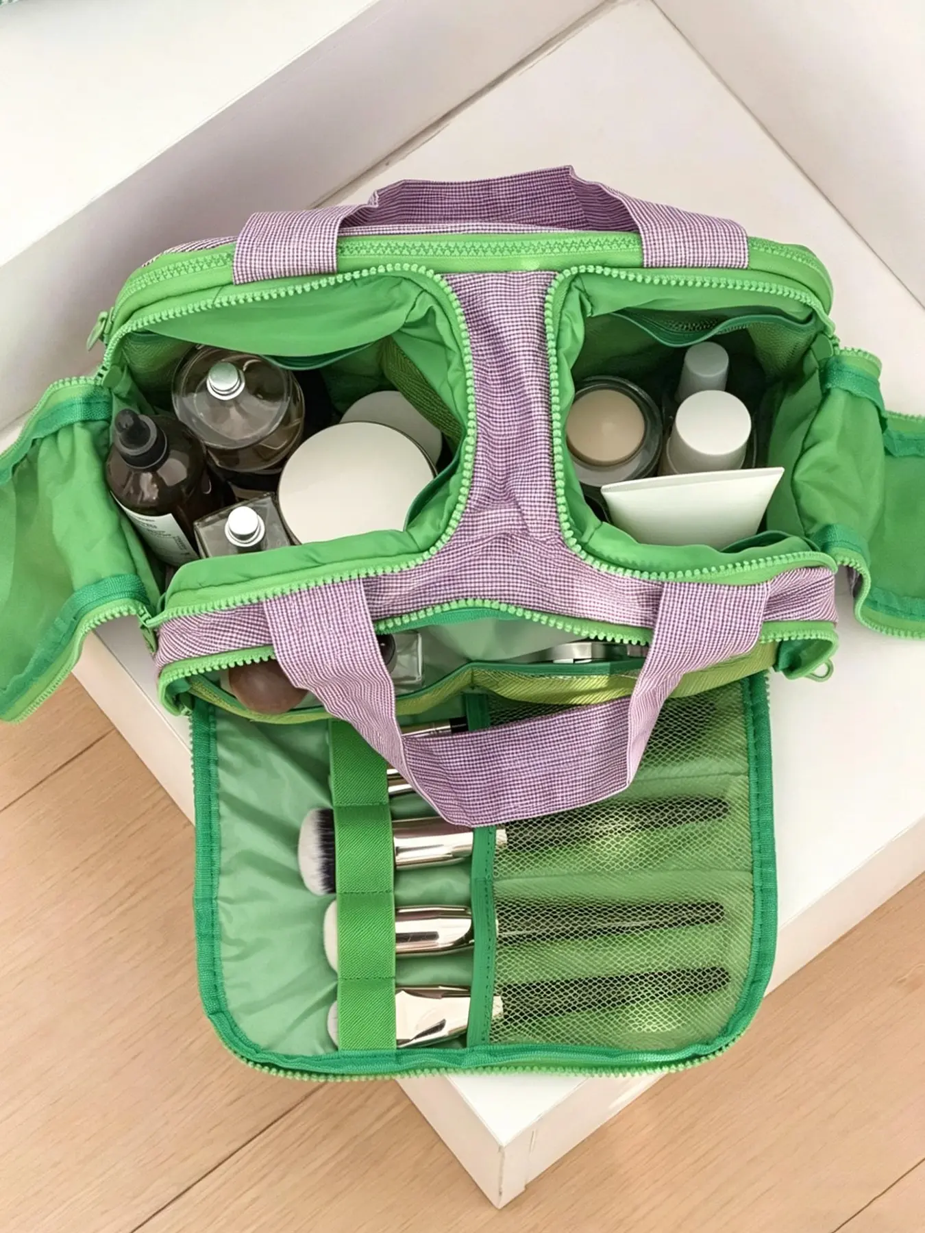Plaid Handheld Makeup Bag, Large Capacity Travel Organizer, Color Contrast, Portable Storage for Cosmetics, All Seasons Use, Travel Cosmetic Bags, Handheld Cosmetic Pouch, Travel Essentials, Travel Beauty Bag
