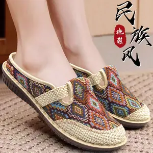 Slip-on Old Beijing Shoes Low-Cut Women's Shoes Half Slippers Linen Mother Canvas Shoes Soft Bottom Summer Breathable Girl Footwear Bedroom