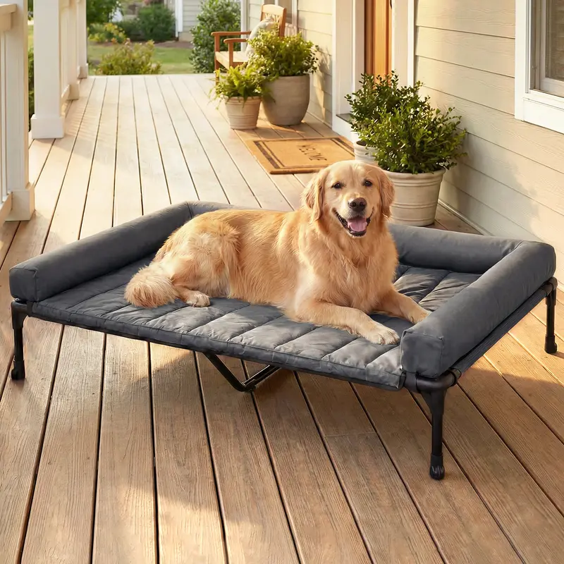 Veehoo Orthopedic Elevated Outdoor Pet Bed - 42"x30"x7", 110 lbs Capacity, Classic Plain Design, Joint & Calming Support, Soft Bolster, Teslin Mesh, Waterproof Mat, Stable Steel Frame, Chew Resistant, Hose-Off Clean, Washable Cover for Healthy Deep Sleep