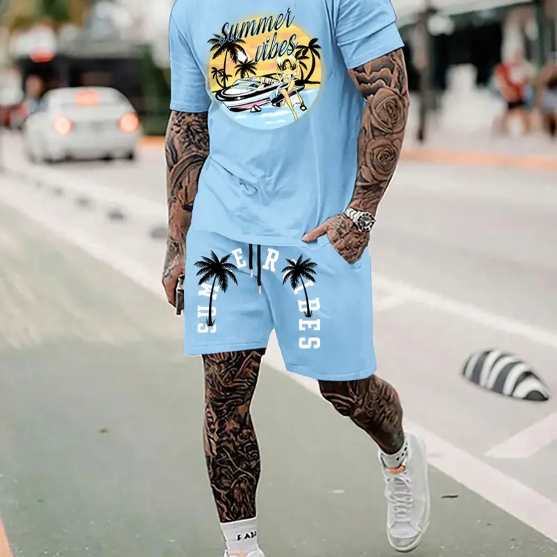 Men's Regular Fit Breathable Fabric Landscape Print Matching Tee & Shorts Set, Casual Short Sleeve T-shirt & Shorts, Men's Summer Clothes Outfit